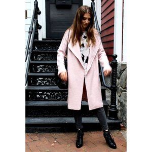 Tahari Women's Pink WOOL Lapel Collar Open Front Trench Pea Coat Jacket Large